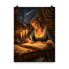 Émilie du Châtelet translating Newton by candlelight poster on a plain backdrop in size 8"x10".