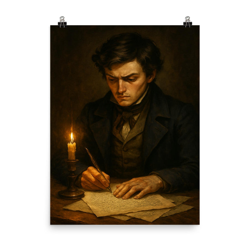 Évariste Galois duel eve letter writing poster on a plain backdrop in size 8