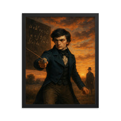 Évariste Galois dueling at dawn after equations framed print on a plain backdrop in size 16"x20".