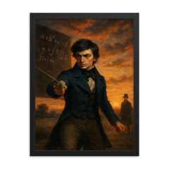 Évariste Galois dueling at dawn after equations framed print on a plain backdrop in size 18"x24".