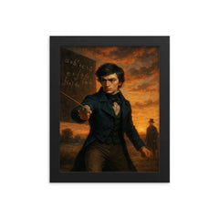 Évariste Galois dueling at dawn after equations framed print on a plain backdrop in size 8"x10".
