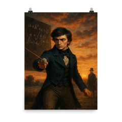 Évariste Galois dueling at dawn after equations poster on a plain backdrop in size 8"x10".