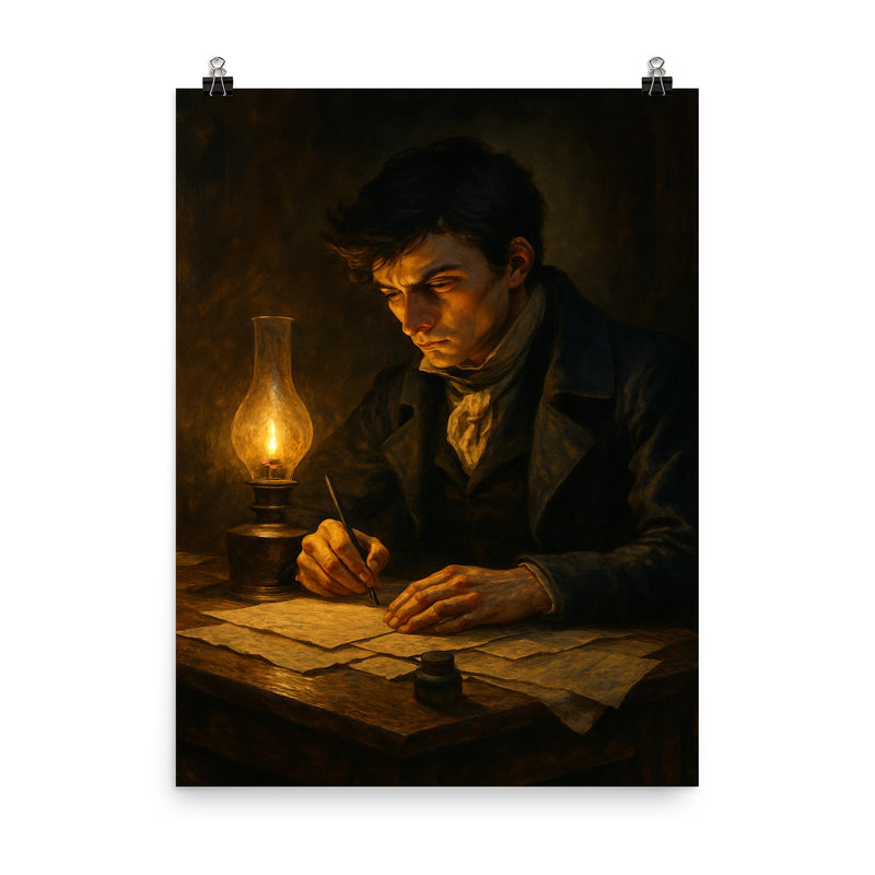 Évariste Galois writing all night before duel poster on a plain backdrop in size 8