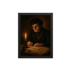 Évariste Galois writing through the final night framed print on a plain backdrop in size 12"x16".