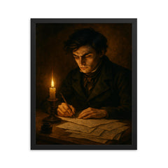 Évariste Galois writing through the final night framed print on a plain backdrop in size 16"x20".