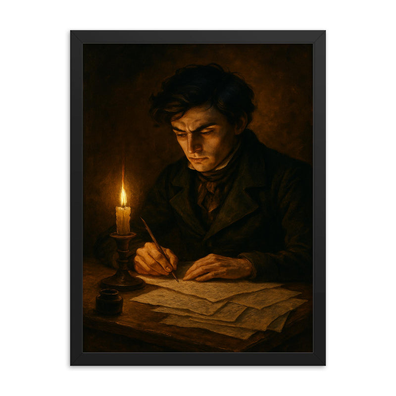 Évariste Galois writing through the final night framed print on a plain backdrop in size 18