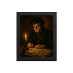 Évariste Galois writing through the final night framed print on a plain backdrop in size 8"x10".