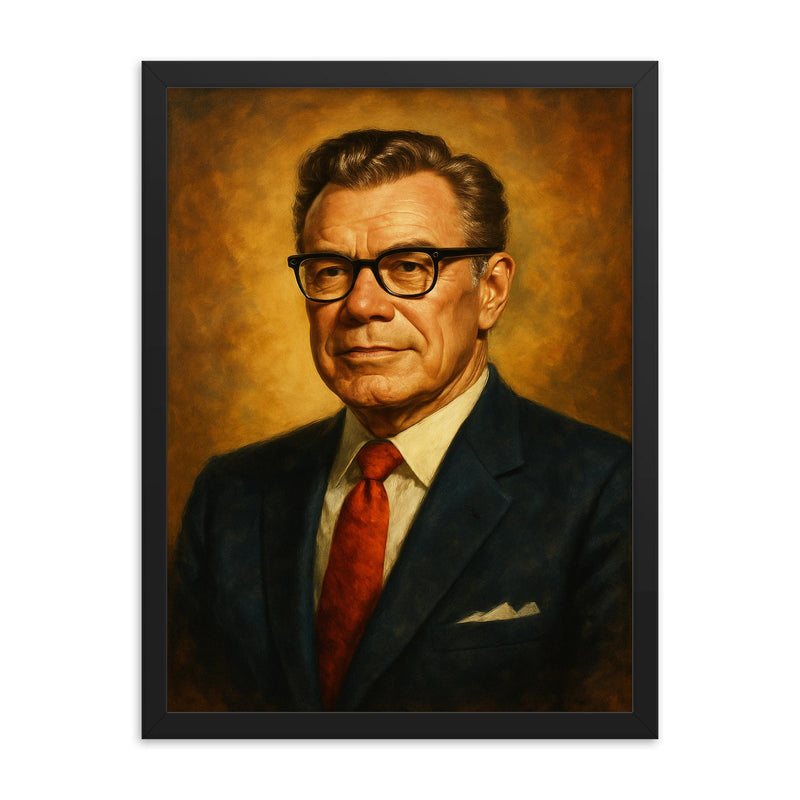 Earl Nightingale framed print on a plain backdrop in size 18