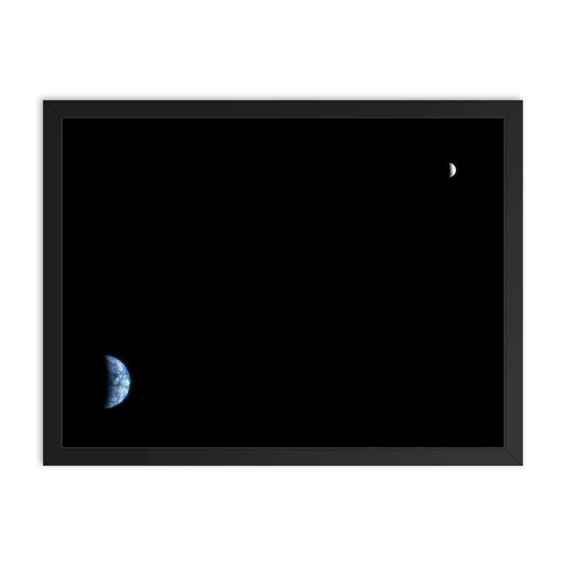 Earth and the Moon as viewed from Mars' orbit framed print on a plain backdrop in size 18