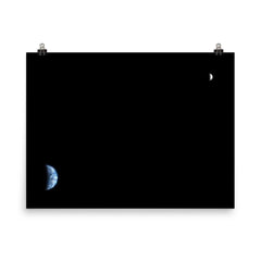 Earth and the Moon as viewed from Mars' orbit poster on a plain backdrop in size 8"x10".