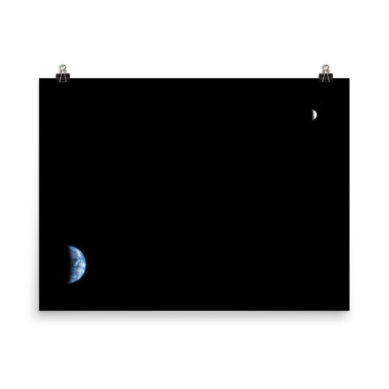 Earth and the Moon as viewed from Mars' orbit poster on a plain backdrop in size 8
