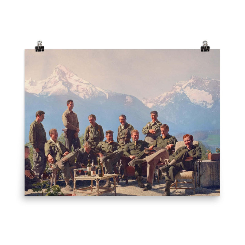 Easy Company, 2nd Battalion, 506th Parachute Infantry Regiment at Hitler's Eagle's Nest, 1945 poster on a plain backdrop in size 8