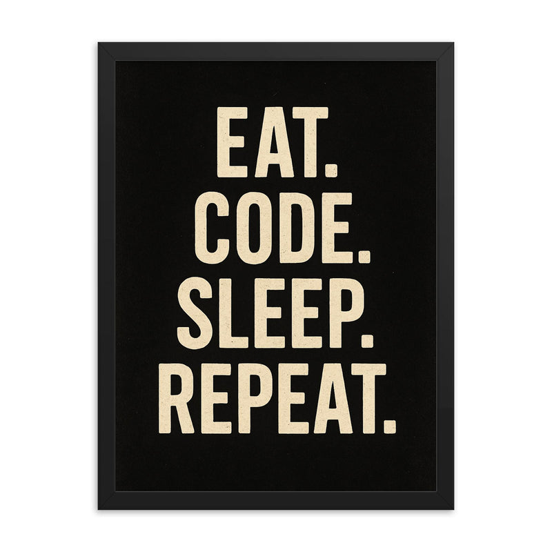 Eat Code Sleep Repeat  framed print on a plain backdrop in size 18