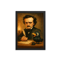 Edgar Allan Poe trying to write at his desk ignoring a cartoonishly cute raven framed print on a plain backdrop in size 12"x16".