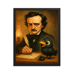 Edgar Allan Poe trying to write at his desk ignoring a cartoonishly cute raven framed print on a plain backdrop in size 16"x20".