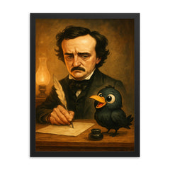Edgar Allan Poe trying to write at his desk ignoring a cartoonishly cute raven framed print on a plain backdrop in size 18"x24".