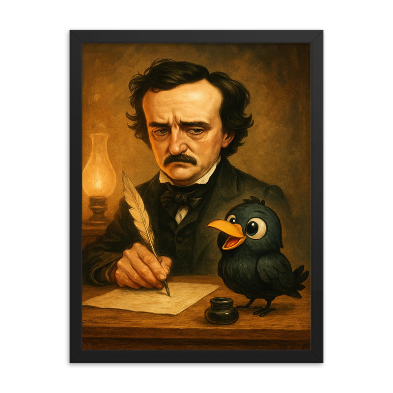 Edgar Allan Poe trying to write at his desk ignoring a cartoonishly cute raven framed print on a plain backdrop in size 18
