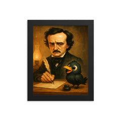 Edgar Allan Poe trying to write at his desk ignoring a cartoonishly cute raven framed print on a plain backdrop in size 8"x10".