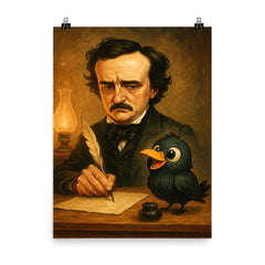 Edgar Allan Poe trying to write at his desk ignoring a cartoonishly cute raven poster on a plain backdrop in size 8"x10".