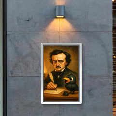 Edgar Allan Poe trying to write at his desk ignoring a cartoonishly cute raven poster 2