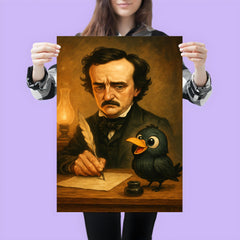 Edgar Allan Poe trying to write at his desk ignoring a cartoonishly cute raven poster 3