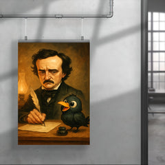 Edgar Allan Poe trying to write at his desk ignoring a cartoonishly cute raven poster 4
