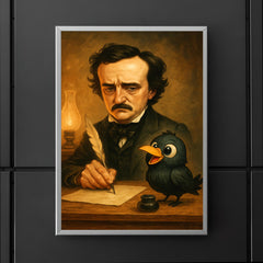 Edgar Allan Poe trying to write at his desk ignoring a cartoonishly cute raven poster 5