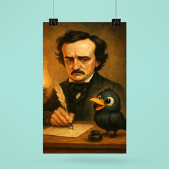Edgar Allan Poe trying to write at his desk ignoring a cartoonishly cute raven poster 6
