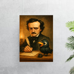 Edgar Allan Poe trying to write at his desk ignoring a cartoonishly cute raven poster 7