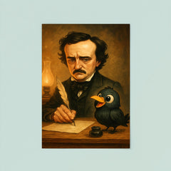 Edgar Allan Poe trying to write at his desk ignoring a cartoonishly cute raven poster 8