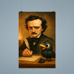 Edgar Allan Poe trying to write at his desk ignoring a cartoonishly cute raven poster 9