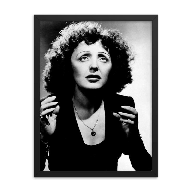 Edith Piaf framed print on a plain backdrop in size 18