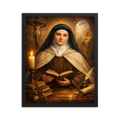 Edith Stein in Carmelite habit and books framed print on a plain backdrop in size 16"x20".