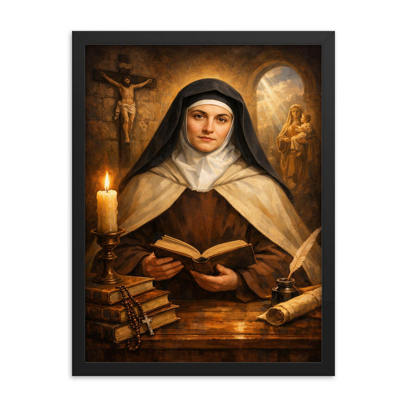 Edith Stein in Carmelite habit and books framed print on a plain backdrop in size 18