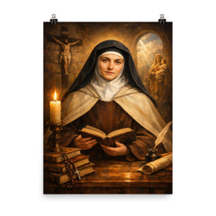 Edith Stein in Carmelite habit and books poster on a plain backdrop in size 8"x10".