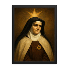 Edith Stein in Carmelite habit and star framed print on a plain backdrop in size 18"x24".