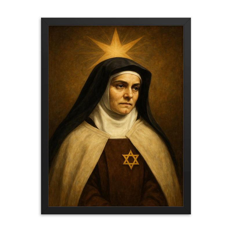 Edith Stein in Carmelite habit and star framed print on a plain backdrop in size 18