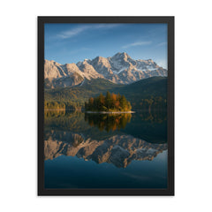 Eibsee and Zugspitze Reflection Germany framed print on a plain backdrop in size 18"x24".