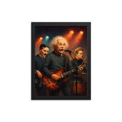 Einstein Tesla and Curie as a rock band on stage framed print on a plain backdrop in size 12"x16".
