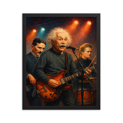 Einstein Tesla and Curie as a rock band on stage framed print on a plain backdrop in size 16"x20".