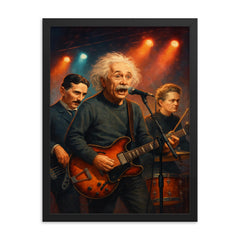 Einstein Tesla and Curie as a rock band on stage framed print on a plain backdrop in size 18"x24".