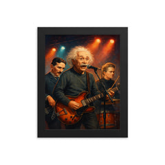 Einstein Tesla and Curie as a rock band on stage framed print on a plain backdrop in size 8"x10".