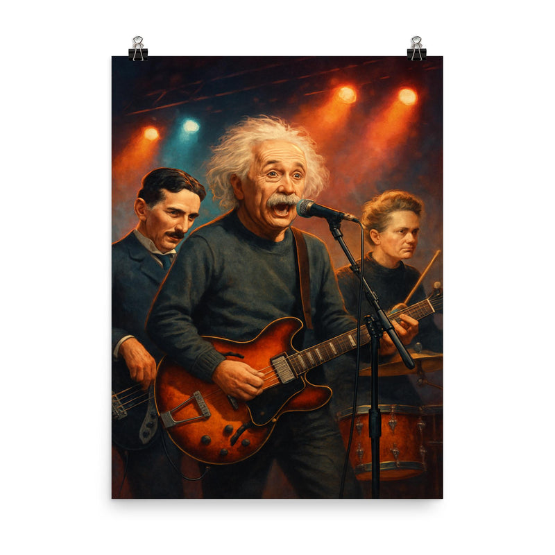 Einstein Tesla and Curie as a rock band on stage poster on a plain backdrop in size 8
