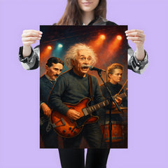 Einstein Tesla and Curie as a rock band on stage poster 3