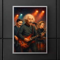 Einstein Tesla and Curie as a rock band on stage poster 5