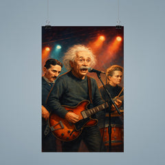 Einstein Tesla and Curie as a rock band on stage poster 9
