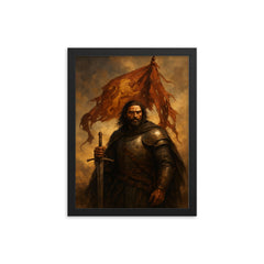 El Cid after battle with tattered pennon framed print on a plain backdrop in size 12"x16".