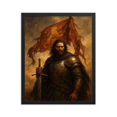 El Cid after battle with tattered pennon framed print on a plain backdrop in size 16"x20".