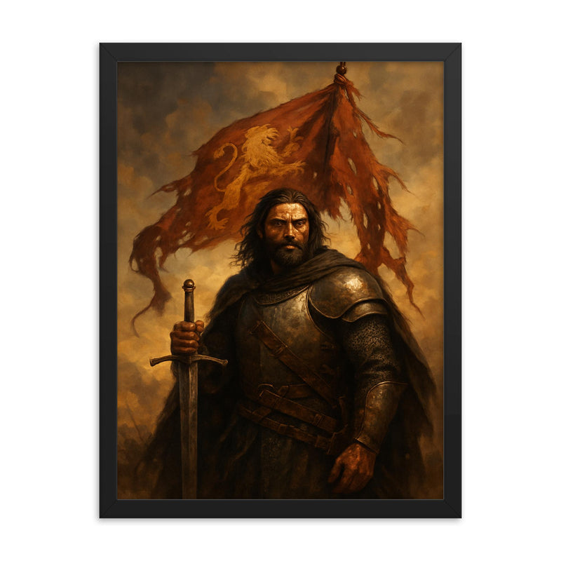 El Cid after battle with tattered pennon framed print on a plain backdrop in size 18
