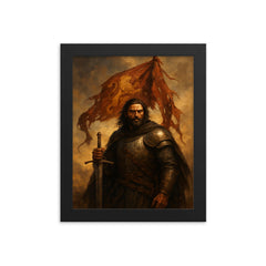 El Cid after battle with tattered pennon framed print on a plain backdrop in size 8"x10".